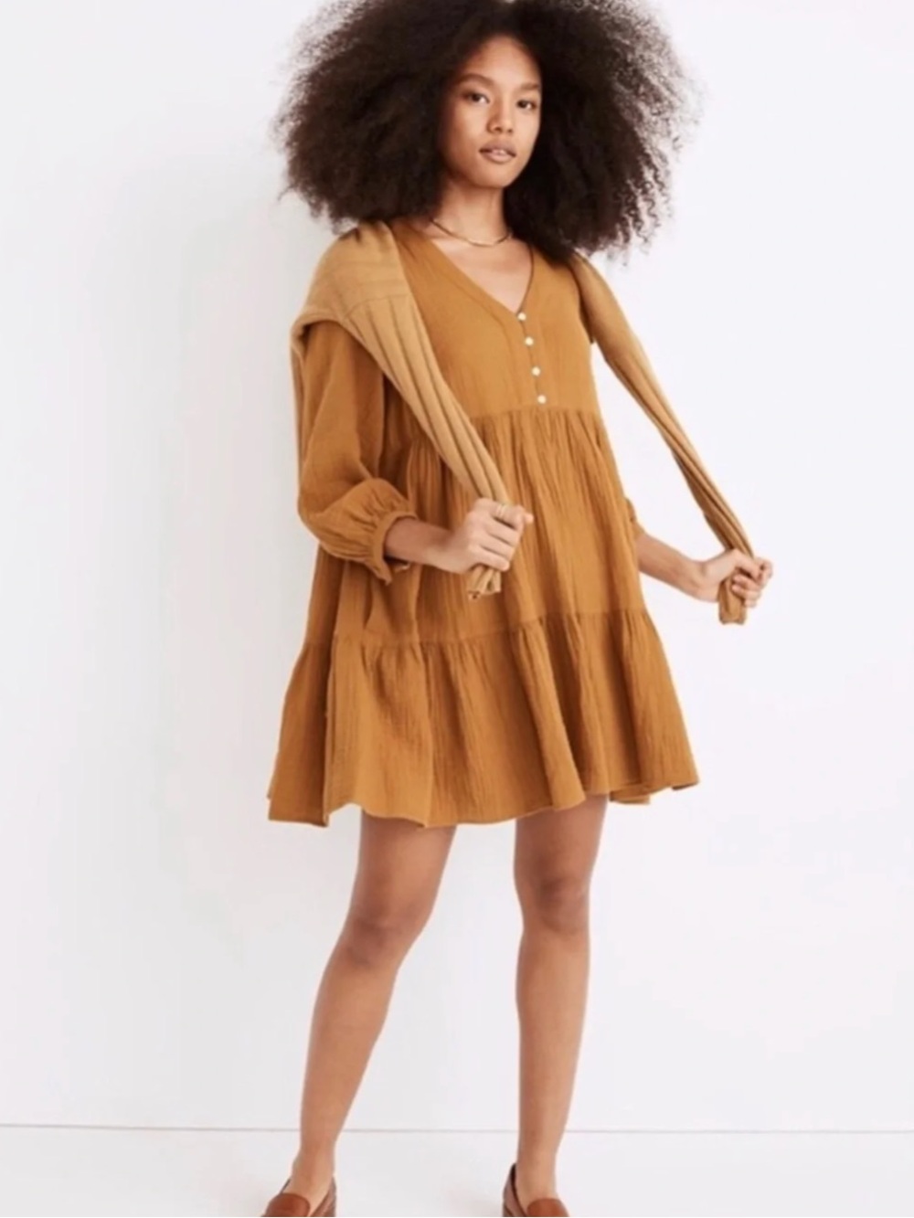 Madewell Women's V-Neck Tiered Swing Dress in Mustard - Size 16